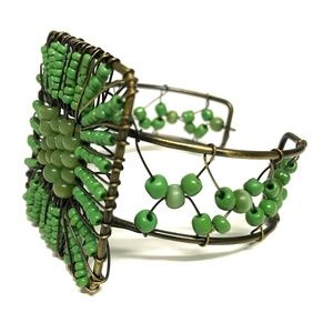 Handmade brass bangle with green glass beads NWOT